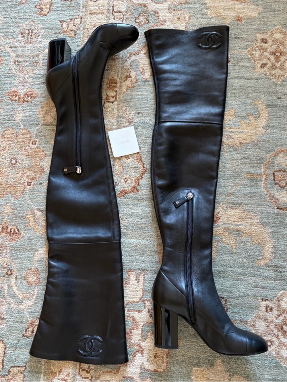 CHANEL Black Lambskin CC-Logo over the knee boots